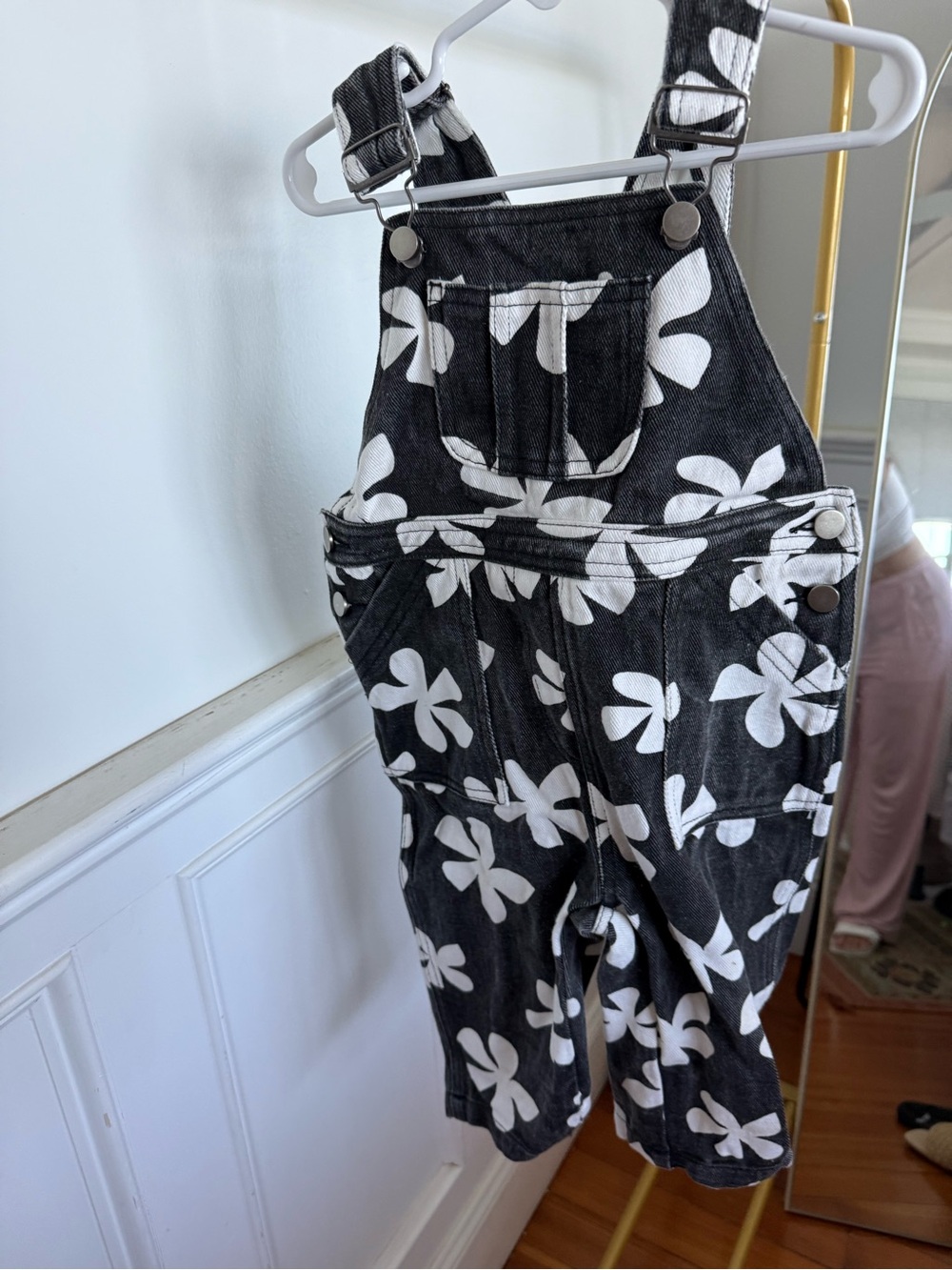 Kids Floral Print Black & White Denim Overalls
